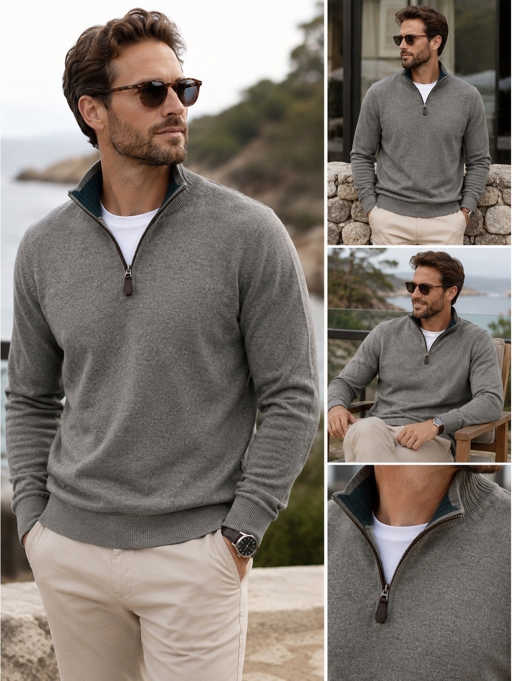 Neiman Marcus Nano Cashmere Men’s 100% Cashmere Quarter Zip Sweater L Gray